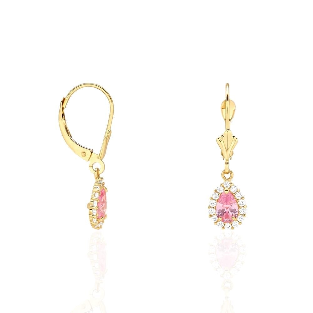 14K Gold Simulated Birthstone Halo Teardrop  Leverback Earrings