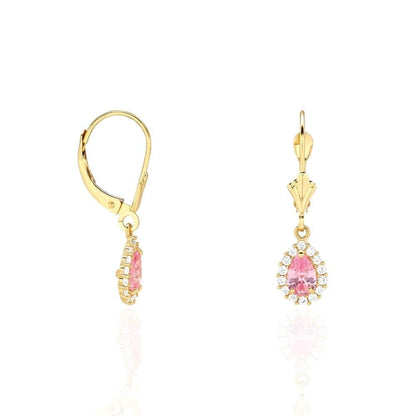 14K Gold Simulated Birthstone Halo Teardrop  Leverback Earrings