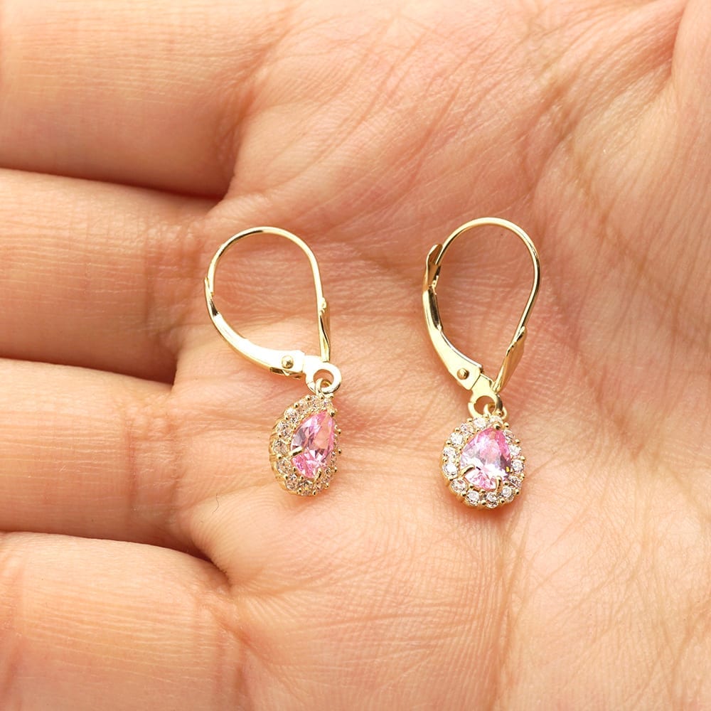 14K Gold Simulated Birthstone Halo Teardrop  Leverback Earrings