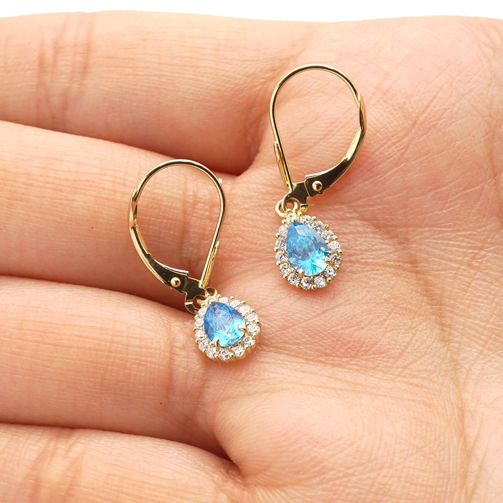 14K Gold Simulated Birthstone Halo Teardrop  Leverback Earrings