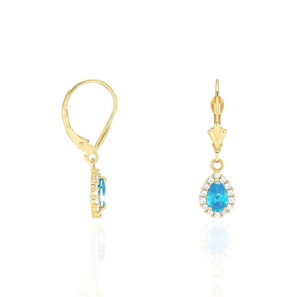 14K Gold Simulated Birthstone Halo Teardrop  Leverback Earrings