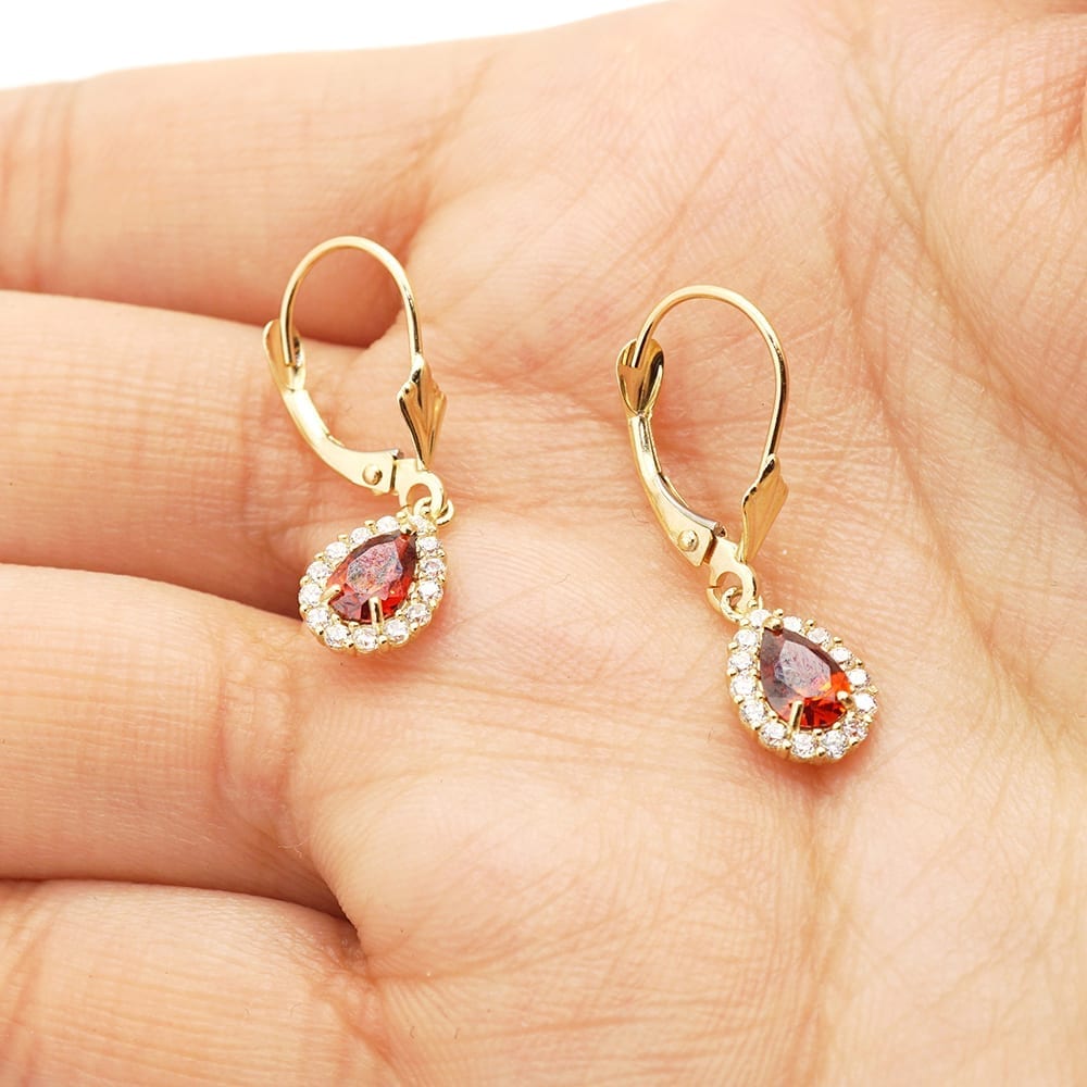 14K Gold Simulated Birthstone Halo Teardrop  Leverback Earrings
