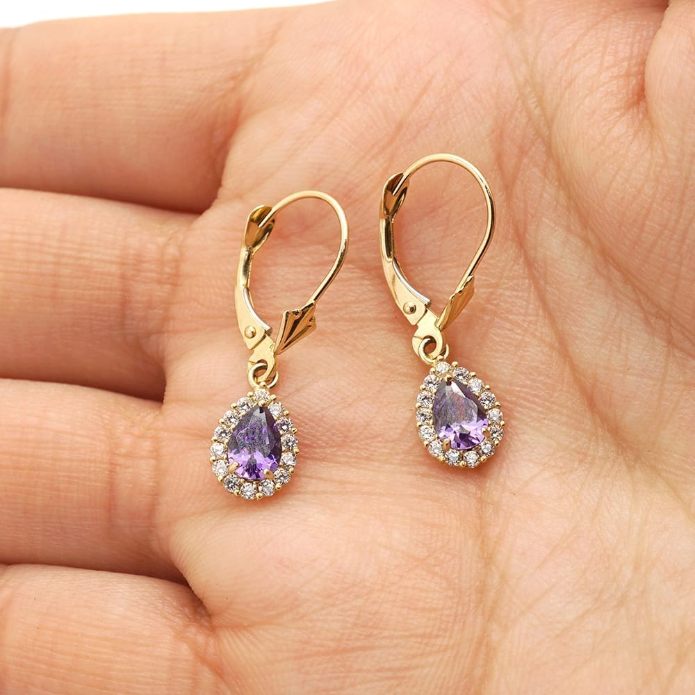 14K Gold Simulated Birthstone Halo Teardrop  Leverback Earrings