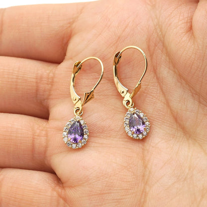 14K Gold Simulated Birthstone Halo Teardrop  Leverback Earrings