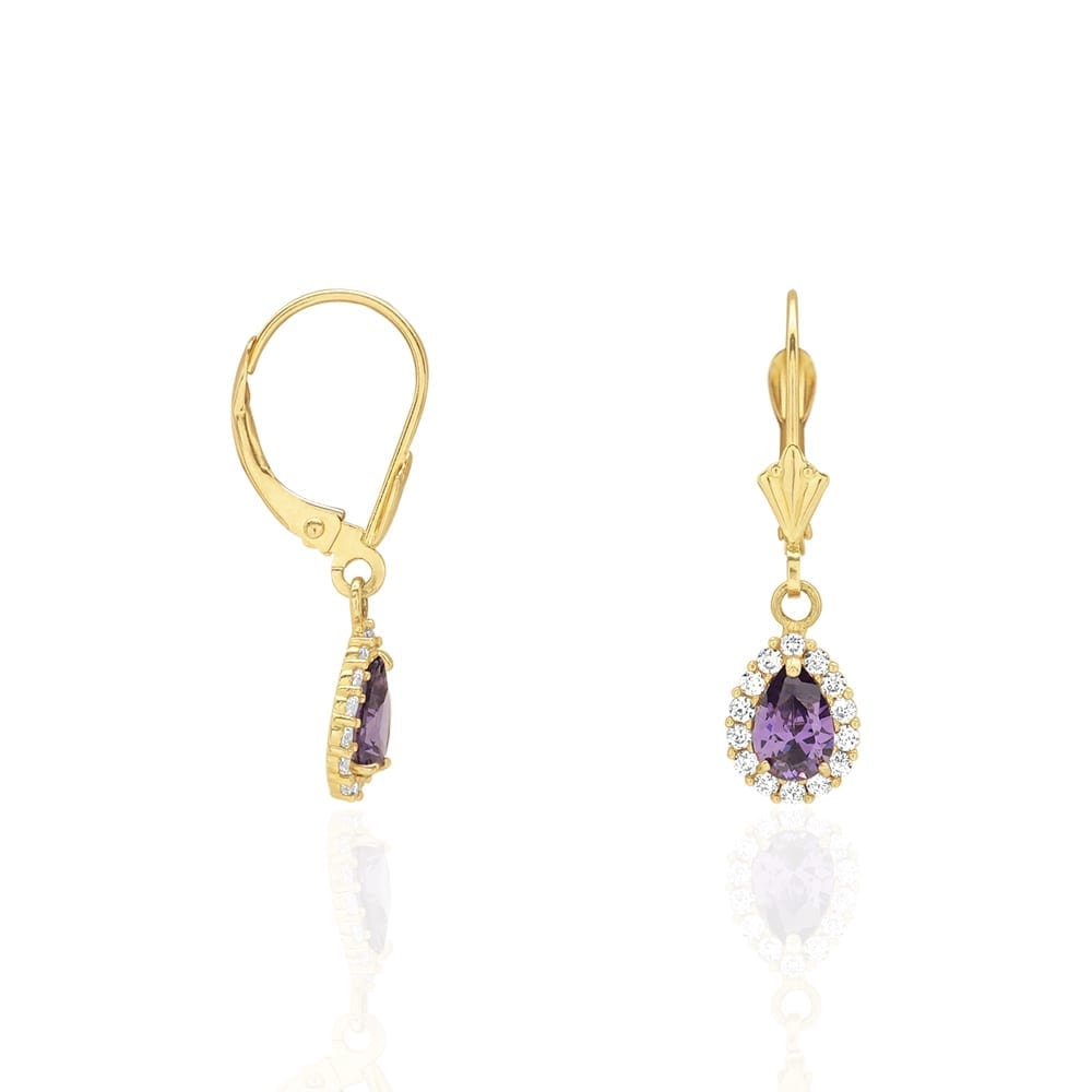 14K Gold Simulated Birthstone Halo Teardrop  Leverback Earrings
