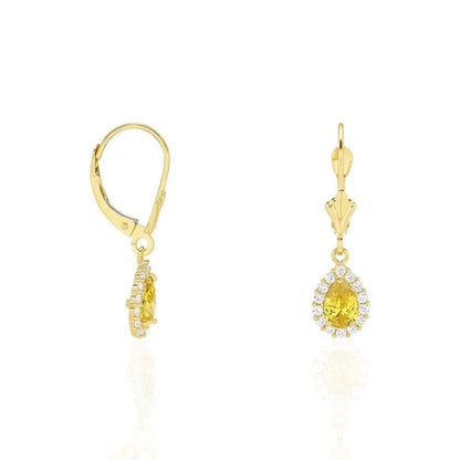 14K Gold Simulated Birthstone Halo Teardrop  Leverback Earrings