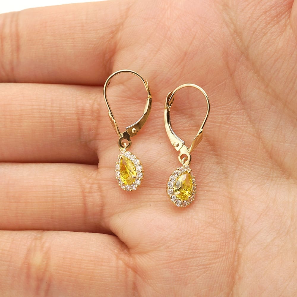 14K Gold Simulated Birthstone Halo Teardrop  Leverback Earrings