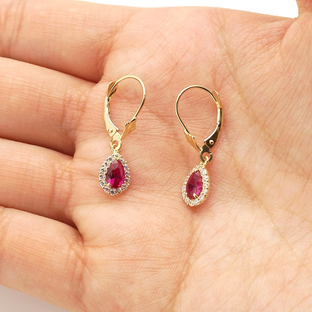 14K Gold Simulated Birthstone Halo Teardrop  Leverback Earrings