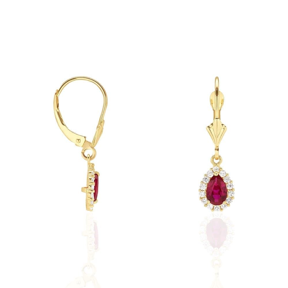 14K Gold Simulated Birthstone Halo Teardrop  Leverback Earrings