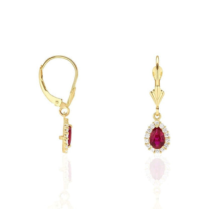 14K Gold Simulated Birthstone Halo Teardrop  Leverback Earrings
