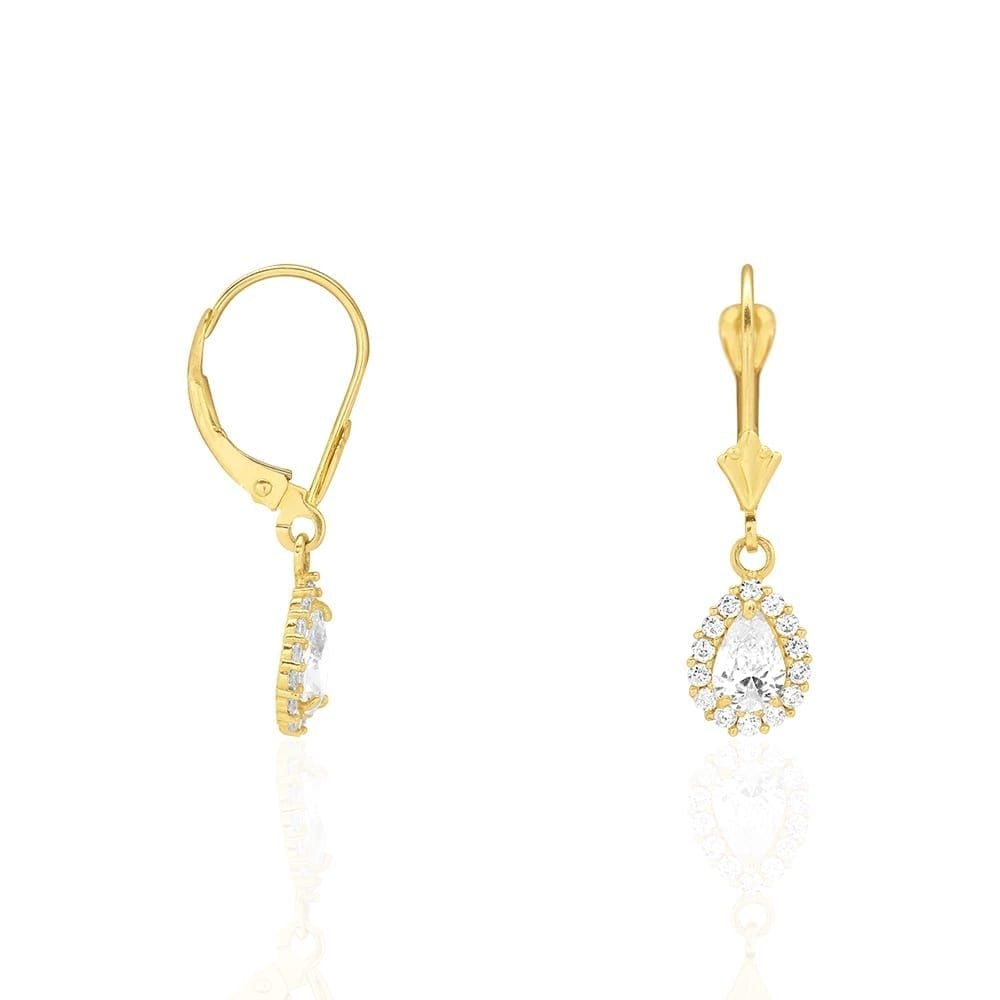 14K Gold Simulated Birthstone Halo Teardrop  Leverback Earrings