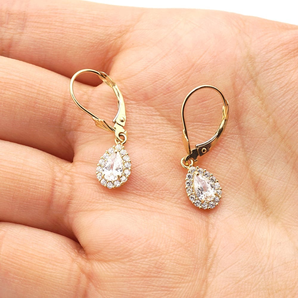 14K Gold Simulated Birthstone Halo Teardrop  Leverback Earrings