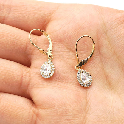 14K Gold Simulated Birthstone Halo Teardrop  Leverback Earrings