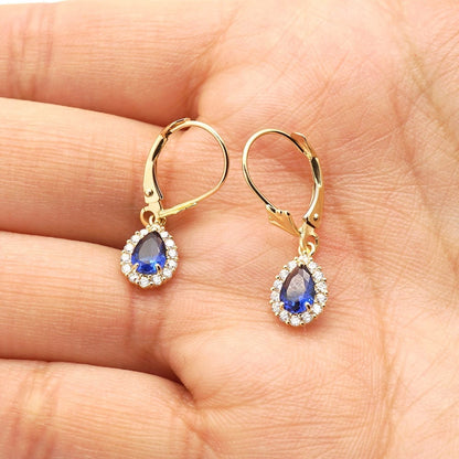 14K Gold Simulated Birthstone Halo Teardrop  Leverback Earrings