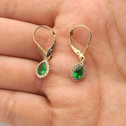 14K Gold Simulated Birthstone Halo Teardrop  Leverback Earrings
