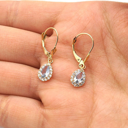 14K Gold Simulated Birthstone Halo Teardrop  Leverback Earrings