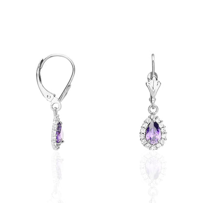 14K Gold Simulated Birthstone Halo Teardrop  Leverback Earrings