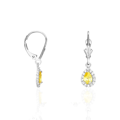 14K Gold Simulated Birthstone Halo Teardrop  Leverback Earrings