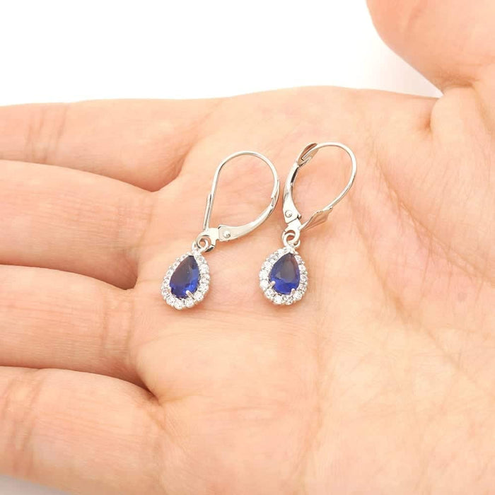 14K Gold Birthstone Halo Teardrop Leverback Earrings