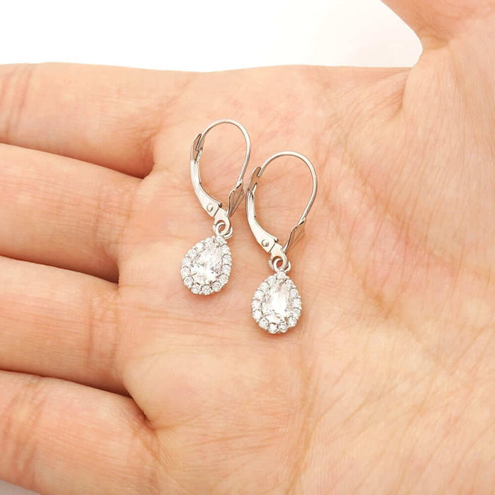 14K Gold Birthstone Halo Teardrop Leverback Earrings