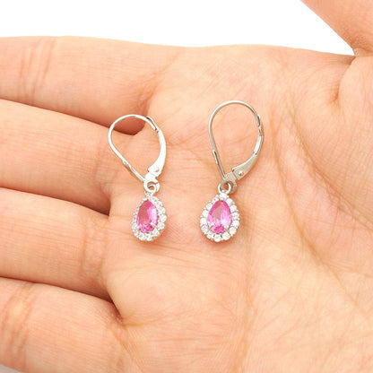 14K Gold Simulated Birthstone Halo Teardrop  Leverback Earrings