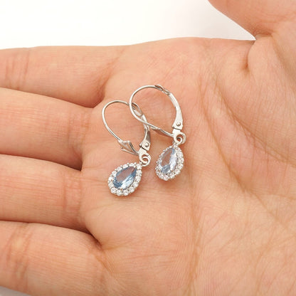 14K Gold Simulated Birthstone Halo Teardrop  Leverback Earrings