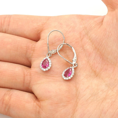 14K Gold Simulated Birthstone Halo Teardrop  Leverback Earrings