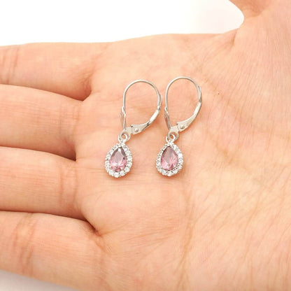 14K Gold Simulated Birthstone Halo Teardrop  Leverback Earrings