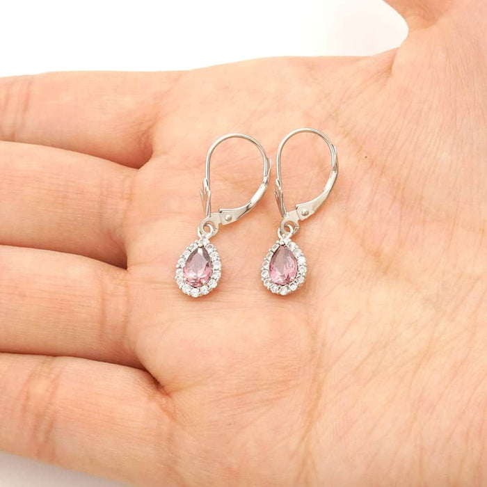 14K Gold Birthstone Halo Teardrop Leverback Earrings