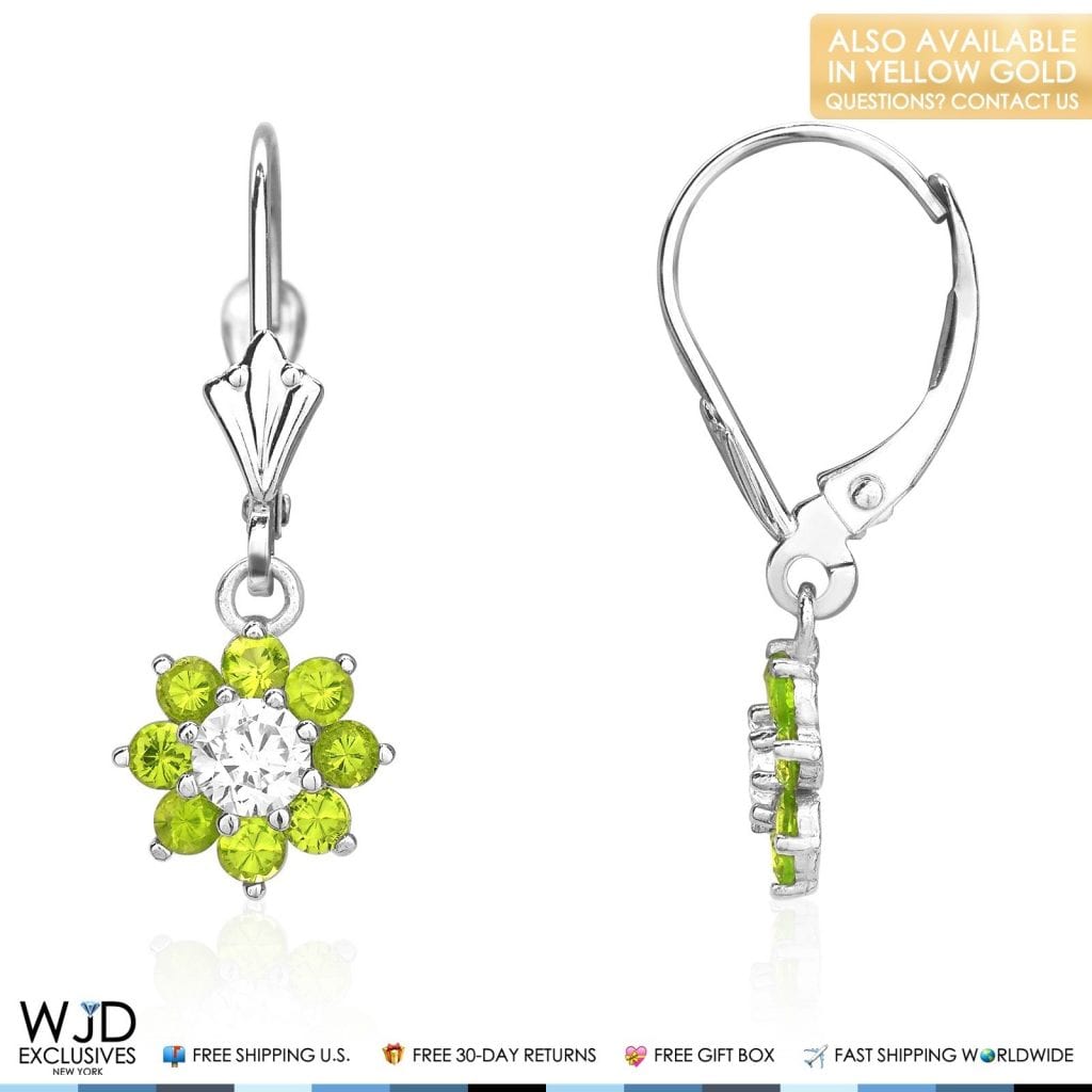 1Ct CZ Birthstone 14K White Gold Flower Dangle Leverback Earrings