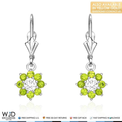 1Ct CZ Birthstone 14K White Gold Flower Dangle Leverback Earrings