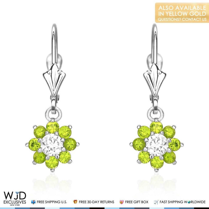 1Ct CZ Birthstone 14K White Gold Flower Dangle Leverback Earrings