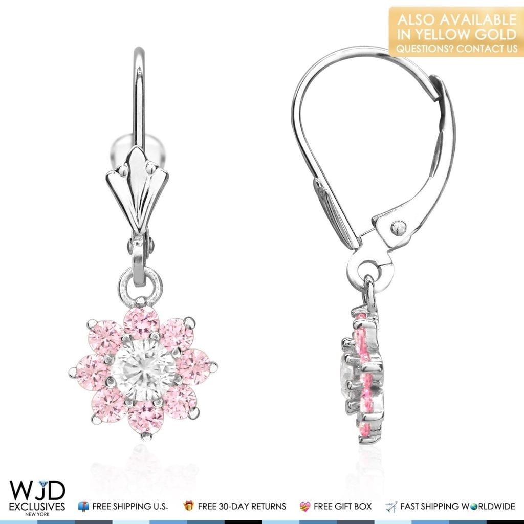 1Ct CZ Birthstone 14K White Gold Flower Dangle Leverback Earrings