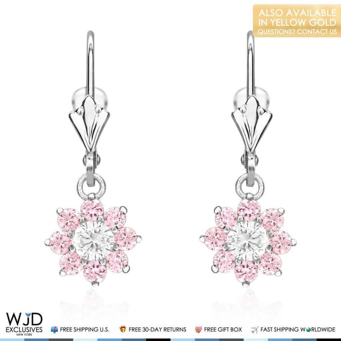 1Ct CZ Birthstone 14K White Gold Flower Dangle Leverback Earrings