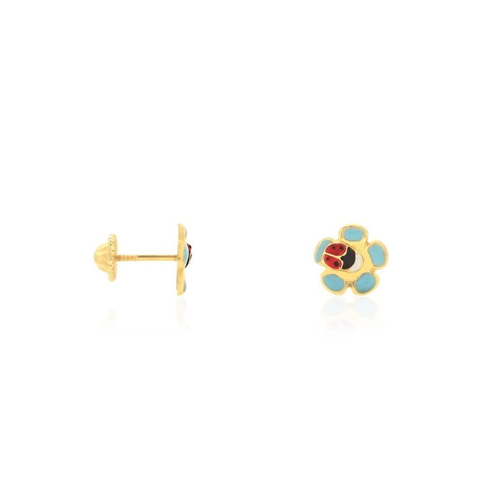 14k Yellow Gold Enamel Ladybug & Flower Screw Back Stud Kid Earrings