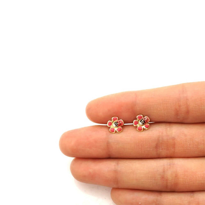 14k Yellow Gold Enamel Ladybug & Flower Screw Back Stud Kid Earrings
