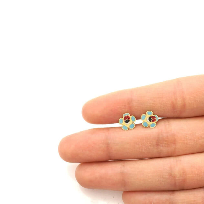 14k Yellow Gold Enamel Ladybug & Flower Screw Back Stud Kid Earrings