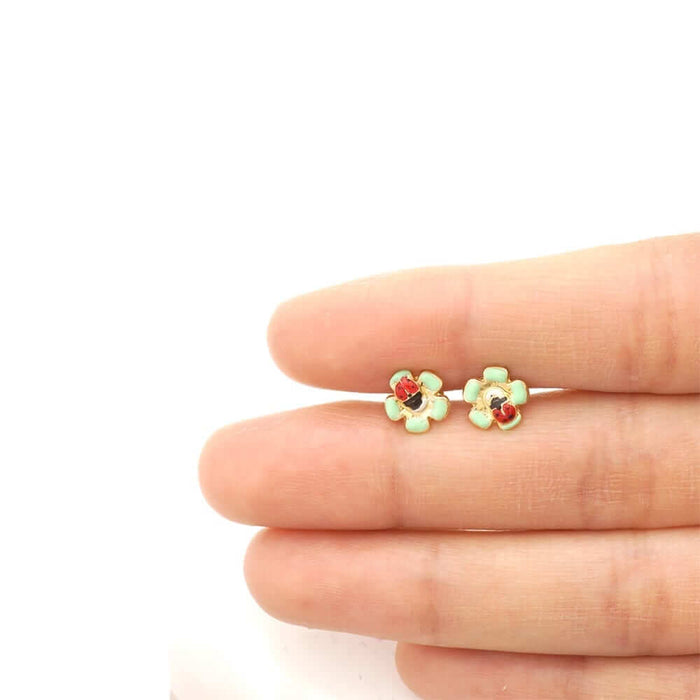 14k Yellow Gold Enamel Ladybug & Flower Screw Back Stud Kid Earrings