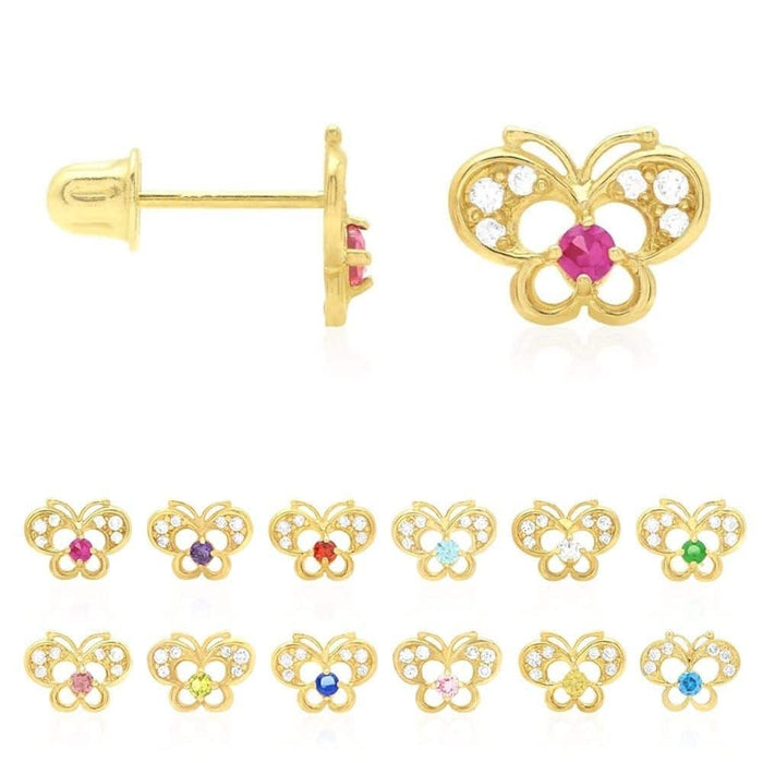 14k Yellow Gold Pave Birthstone Butterfly Screw Back Stud Kid Earrings