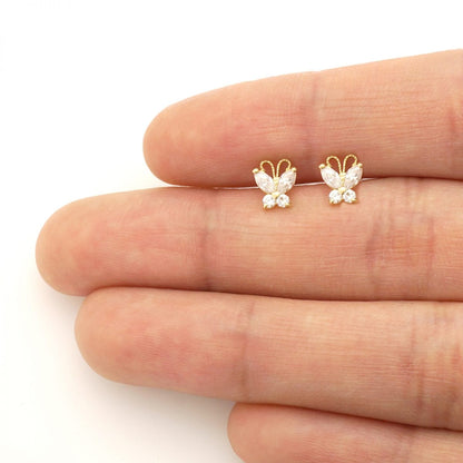 14K Solid Yellow Gold White Zircon Butterfly Baby Screwback Stud Kid Earrings