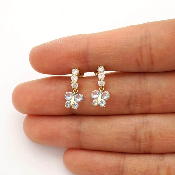 14K Yellow Gold CZ Birthstone Butterfly Earrings 15mm