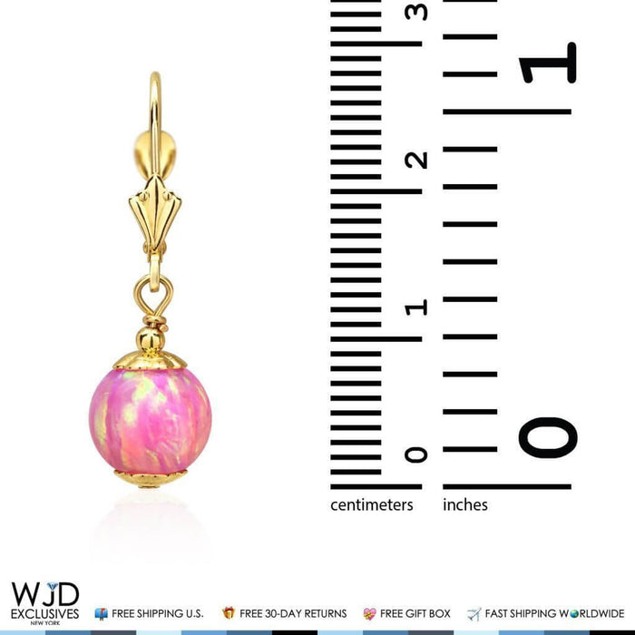 14K Yellow Gold Pink Fire Opal Ball Leverback Dangle Earrings