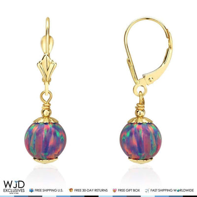 14K Yellow Gold Purple Fire Opal Ball Leverback Dangle Earrings