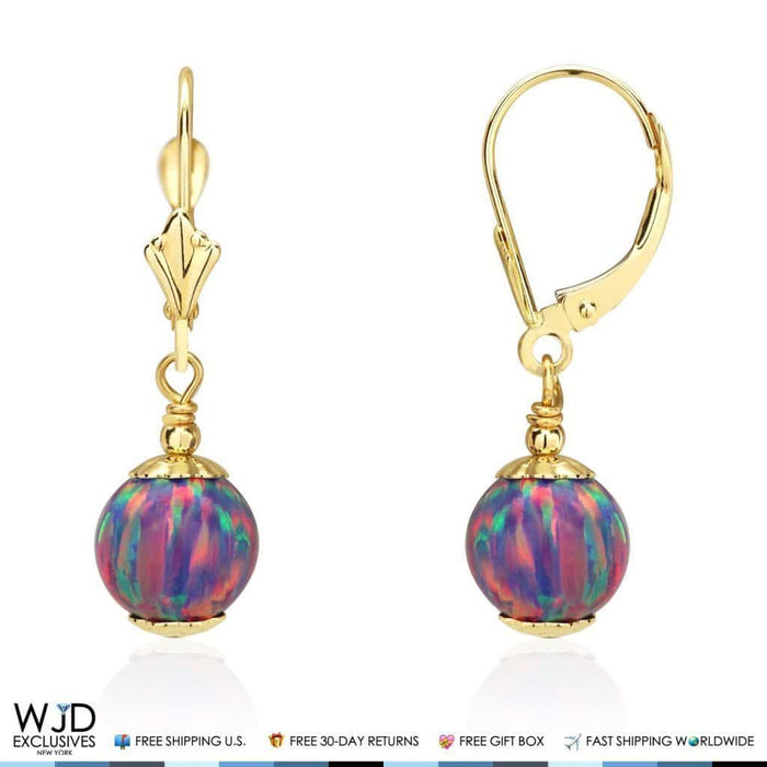 14K Yellow Gold Purple Fire Opal Ball Leverback Dangle Earrings