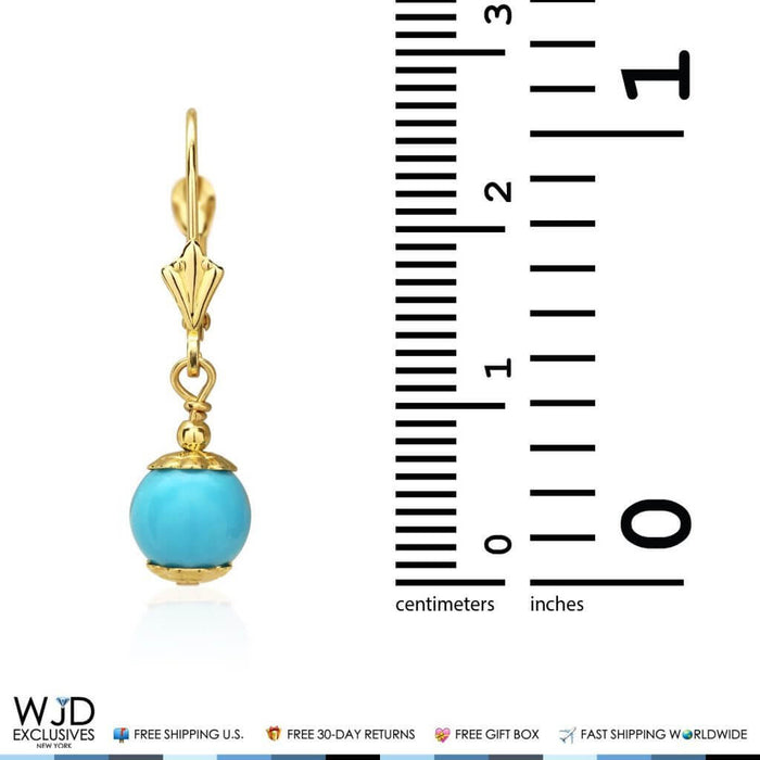 14K Yellow Gold Turquoise Ball Leverback Dangle Earrings 7mm