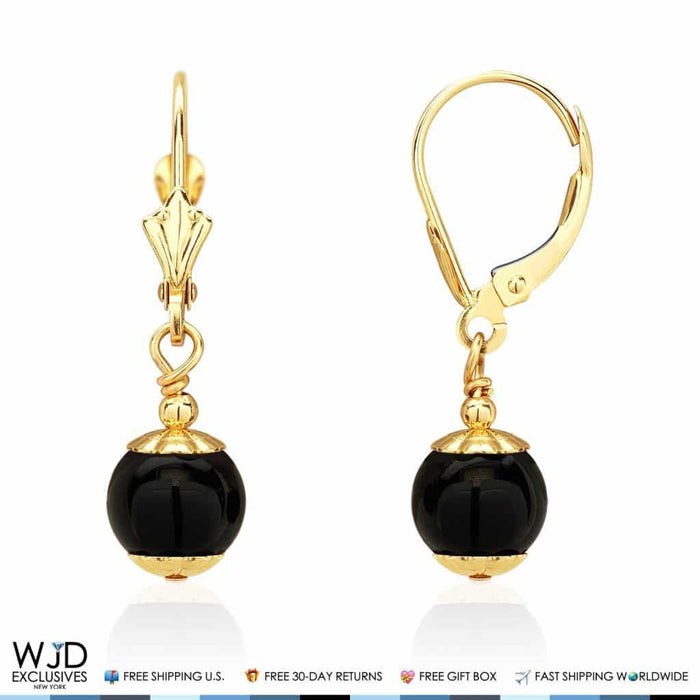 14K Yellow Gold Onyx Ball Leverback Dangle Earrings 7mm