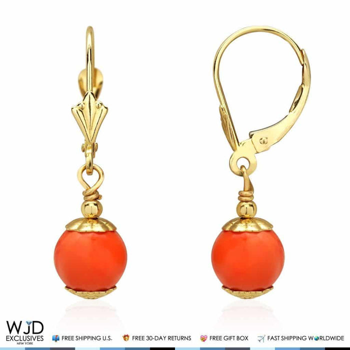 14K Yellow Gold Orange Coral Ball Leverback Dangle Earrings 7mm