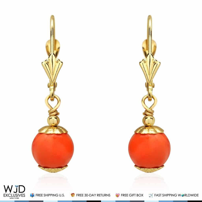 14K Yellow Gold Orange Coral Ball Leverback Dangle Earrings 7mm