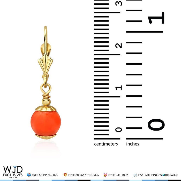 14K Yellow Gold Orange Coral Ball Leverback Dangle Earrings 7mm