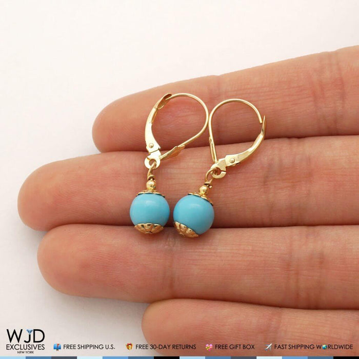 14K Yellow Gold Turquoise Ball Leverback Dangle Earrings 7mm